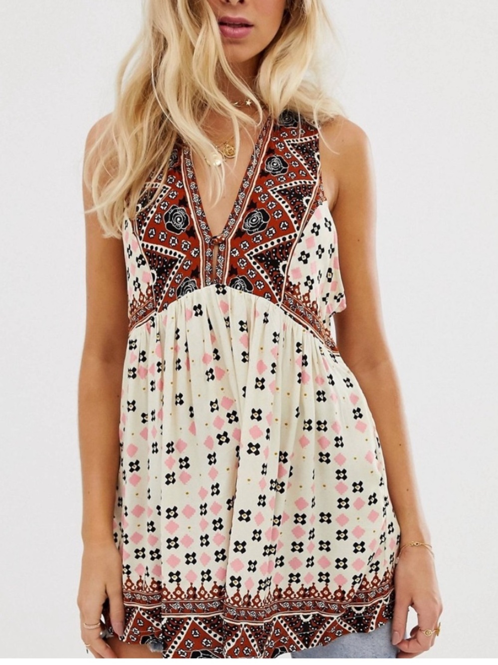 ❤️…Free People Charlotte Cream Boho V-Neck Printed Tunic Top